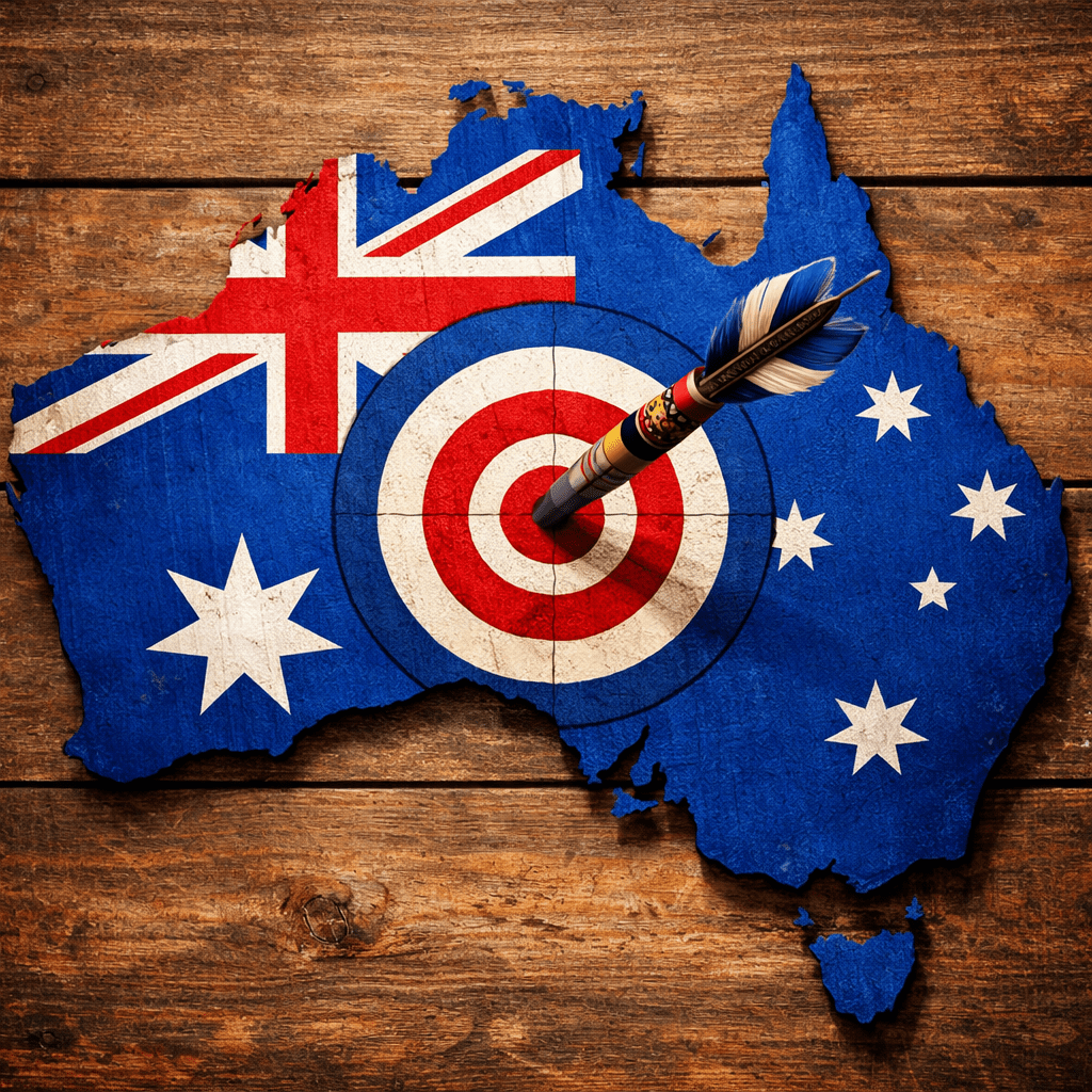 Map of Australia painted with its national flag featuring a bullseye target and dart in the center